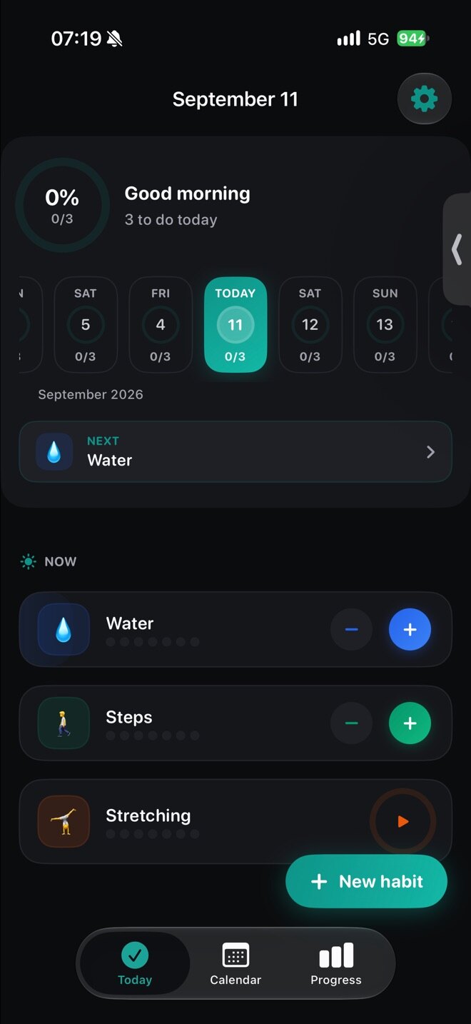 The Today screen of ProperHabit on an iPhone: the week strip with today marked, and the habits scheduled for today, each with the streak it is protecting.