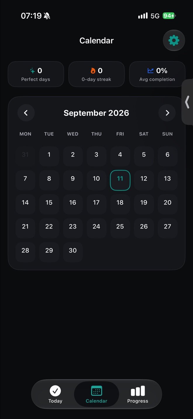 The month view: a calendar grid where each scheduled day is marked as done, missed or skipped.